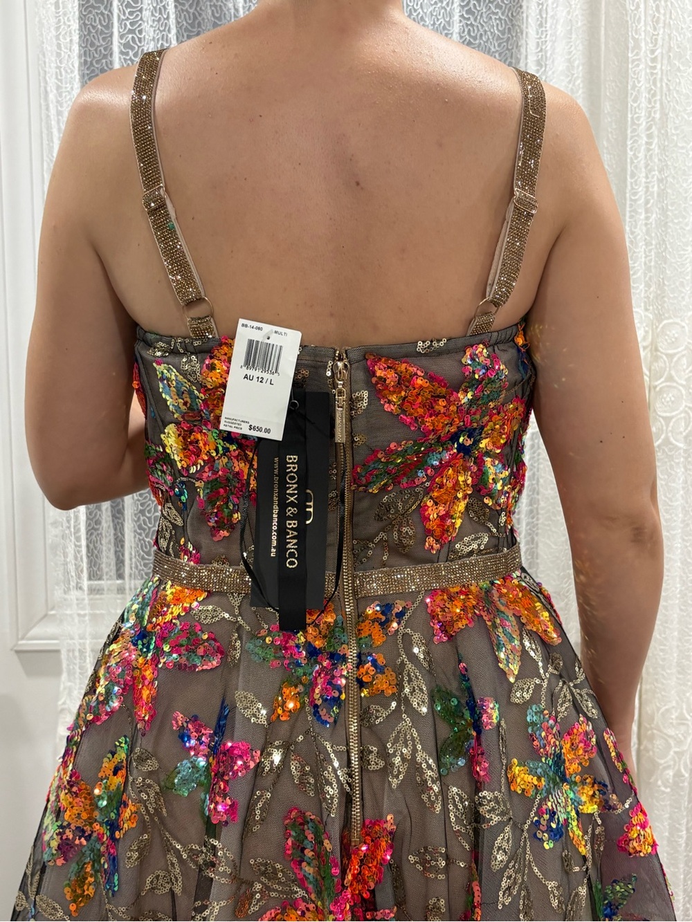 Bronx and Banco Brown Mini Dress with Multicolor Sequin Floral Embroidery - Picture 16 of 16